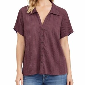 ALC Woman Brown Textured Stripe Short Sleeve Button Down Blouse Top Size Large